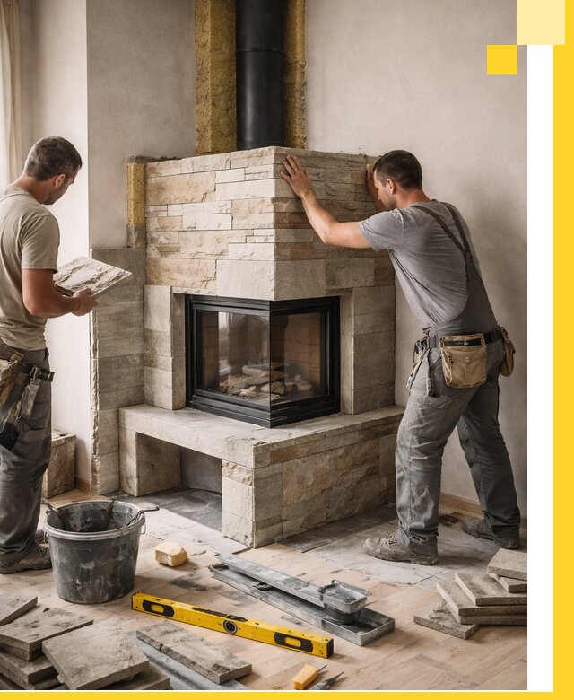 Угловые камины под ключ проект, монтаж и отделка в Коркине