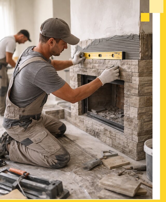 Облицовка каминов в Коркине, монтаж и отделка натуральным камнем