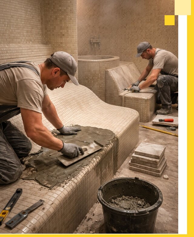 Лежаки для хамама под ключ в Коркине, проект и монтаж